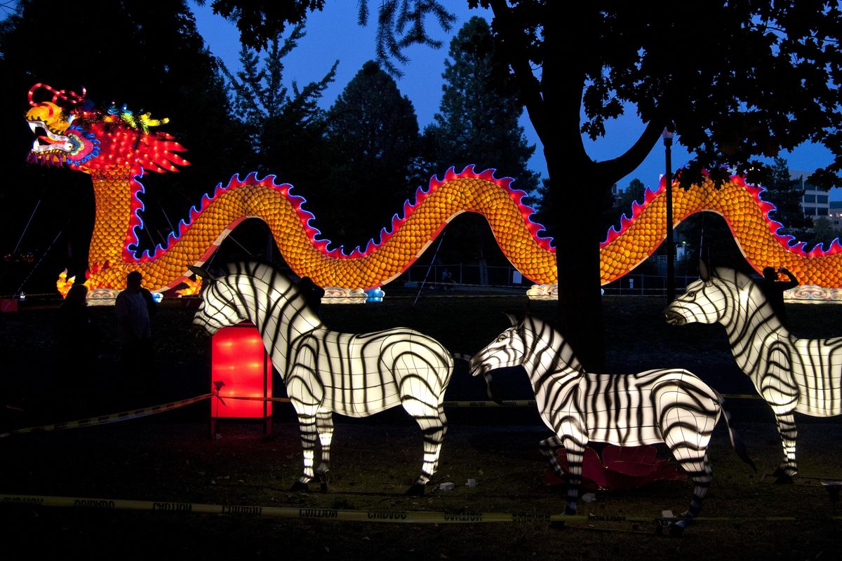 A Riverfront Park visitor, right, pauses to snap a cellphone picture of the 196-foot-long dragon during the 2015 Washington State Chinese Lantern Festival. The festival returns on Friday. (Dan Pelle / The Spokesman-Review)