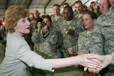 
Laura Bush greets U. S. troops Sunday at Bagram Air Field.Associated Press
 (Associated Press / The Spokesman-Review)