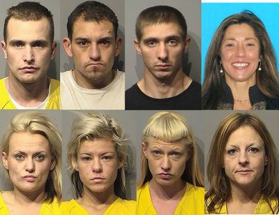 The suspects in a string of burglaries in North Idaho and Spokane County are pictured left to right. 
Top row:  Joseph A. Lynch, 29; Adam C. Ramirez III, 29; Jesse A. Williamson, 27; Susan N. Burke and alias Susan Church, 50. 
Bottom row: Kasie D. Gordon, 25; Emily A. Lynch, 28; Kathleen E. Kelly, 29; and Heather D. Yao, alias Heather Perry, 31. (Kootenai County Sheriff's Department)