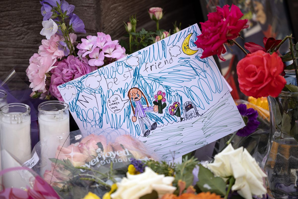 A coloring remains at a makeshift memorial for the Decker sisters on June 3, 2025, in Wenatchee, Washington. Olivia, Paityn and Evelyn Decker were found dead near Leavenworth after their father Travis Decker failed to return them after a scheduled visitation.   (Nick Wagner/The Seattle Times/TNS)