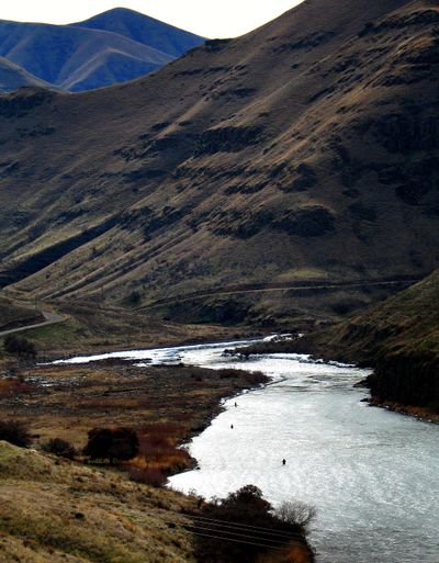 Three anglers fly fish for steelhead in southeastern Washington’s Grande Ronde River up from the narrow channel leading to the Snake River.  (Rich Landers)