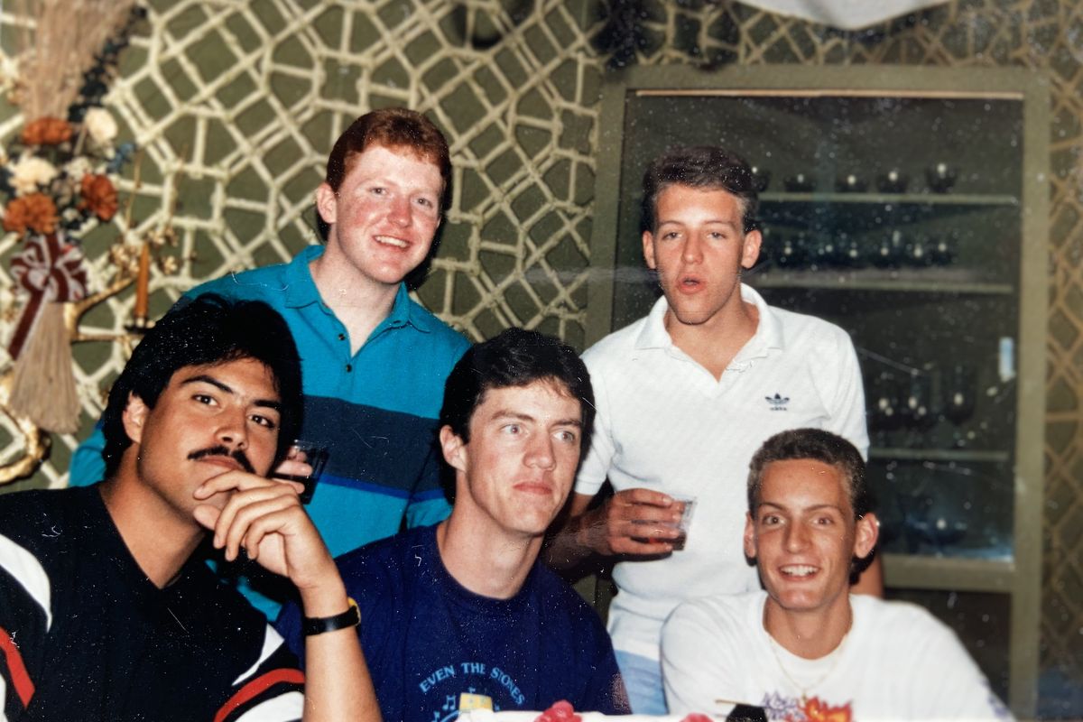 At a 1986 North Central High graduation party, lifetime friends include, top row left to right, Rick Jones and Don Jones and, seated left to right, Hans Kaio, John Cain and Wade Ingebritsen. Missing in the photo is childhood friend Jim Scott.  (Courtesy)