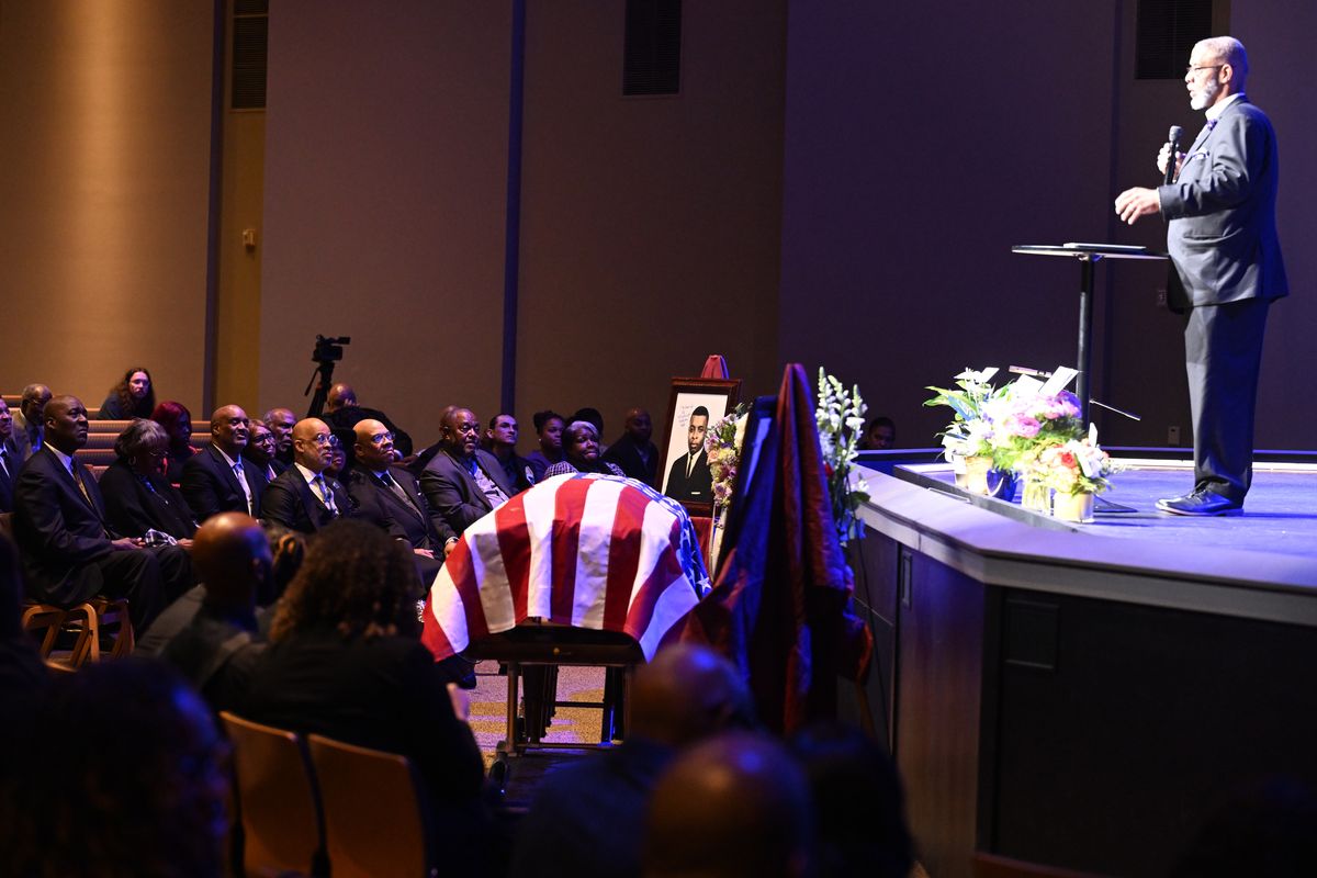 Pastor James Watkins of New Hope Baptist Church speaks at the funeral of his father, Rev. Percy "Happy" Watkins, who was former pastor at New Hope, Friday, Nov. 15, 2024, at Life Center Church in Spokane, Washington.  (Jesse Tinsley/THE SPOKESMAN-REVIEW)