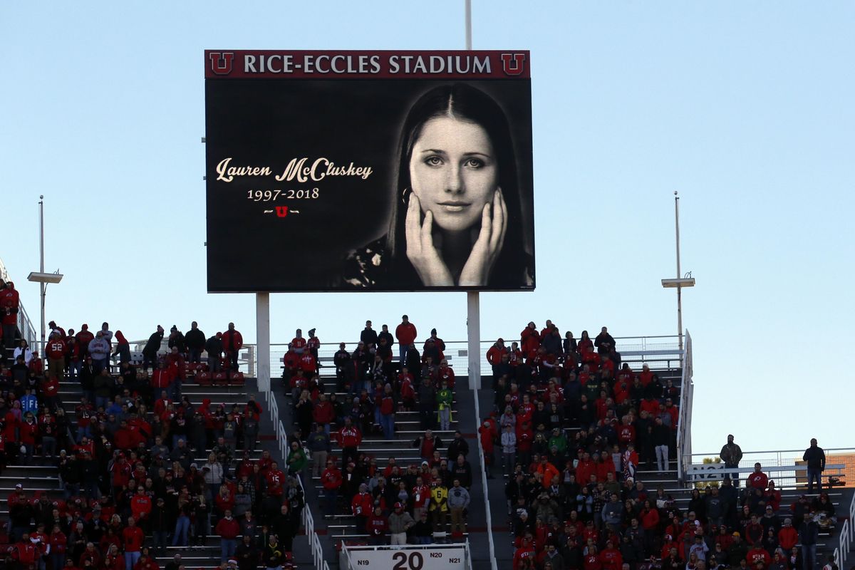 A photograph of University of Utah student and track athlete Lauren McCluskey, who was fatally shot on campus is projected on the video board before the start of an NCAA college football game between Oregon and Utah on Saturday Nov. 10, 2018, in Salt Lake City. (Rick Bowmer / AP)