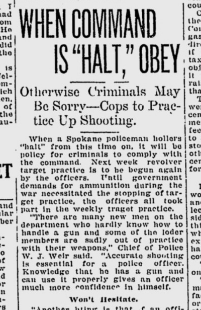 Spokane police had resumed their weekly target practice this week 100 years ago, after a run on ammunition during the war had suspended the practice for several years.  (S-R archives)