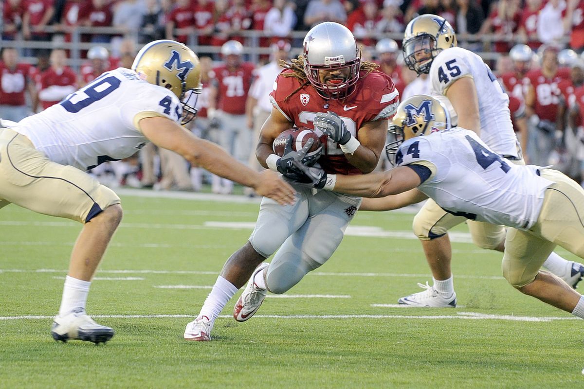 Montana State’s defense stops Washington State running back Chantz Staden at the 1-yard line in the fourth quarter Saturday.  (CHRISTOPHER ANDERSON photos)