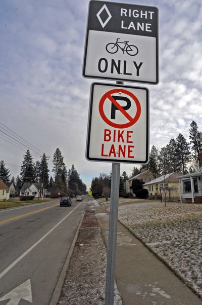 Signs mark the bike lane along 29th Avenue in Spokane. (Christopher Anderson)