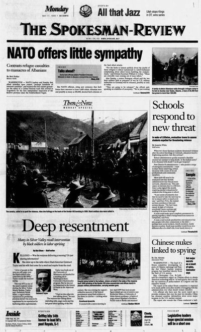 May 17, 1999 -- Schools respond to new threat. In wake of Littleton, evaluation teams to assess students expelled for threatening violence. When two dozen Spokane students threatened violence after the school shootings in Colorado, educators faced a frightening question: Are they serious? School administrators quickly scanned a checklist created last summer to help decide. Is the student sorry? Is he obsessed with death? Can he get weapons? Now District 81 administrators -- who predict a surge of emergency assessments -- want to share those unnerving, critical decisions with a team of on-call professionals and community members. (Spokane Daily Chronicle Archives)