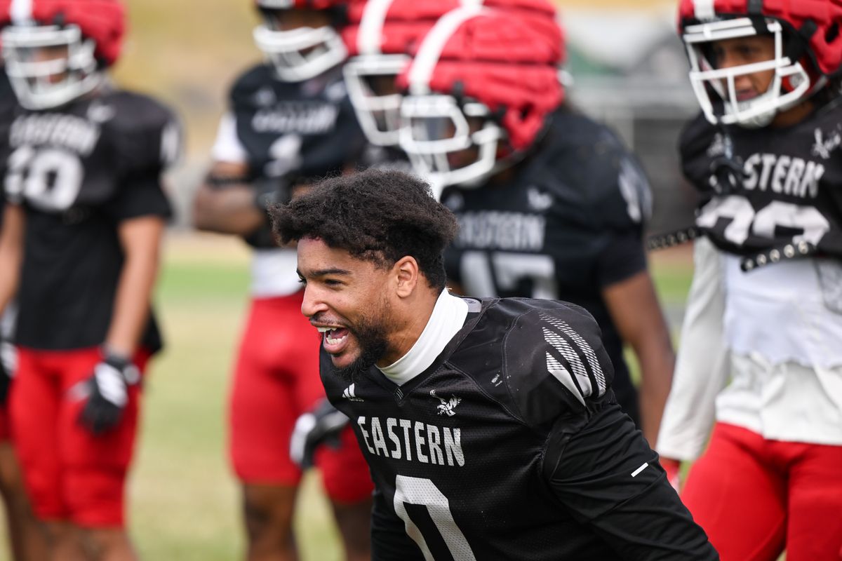 Eastern Washington Eagles safety McKel Broussard cheers during a fall camp practice on Aug. 5, 2025, at EWU’s practice field in Cheney. (TYLER TJOMSLAND/THE SPOKESMAN-REVIEW)