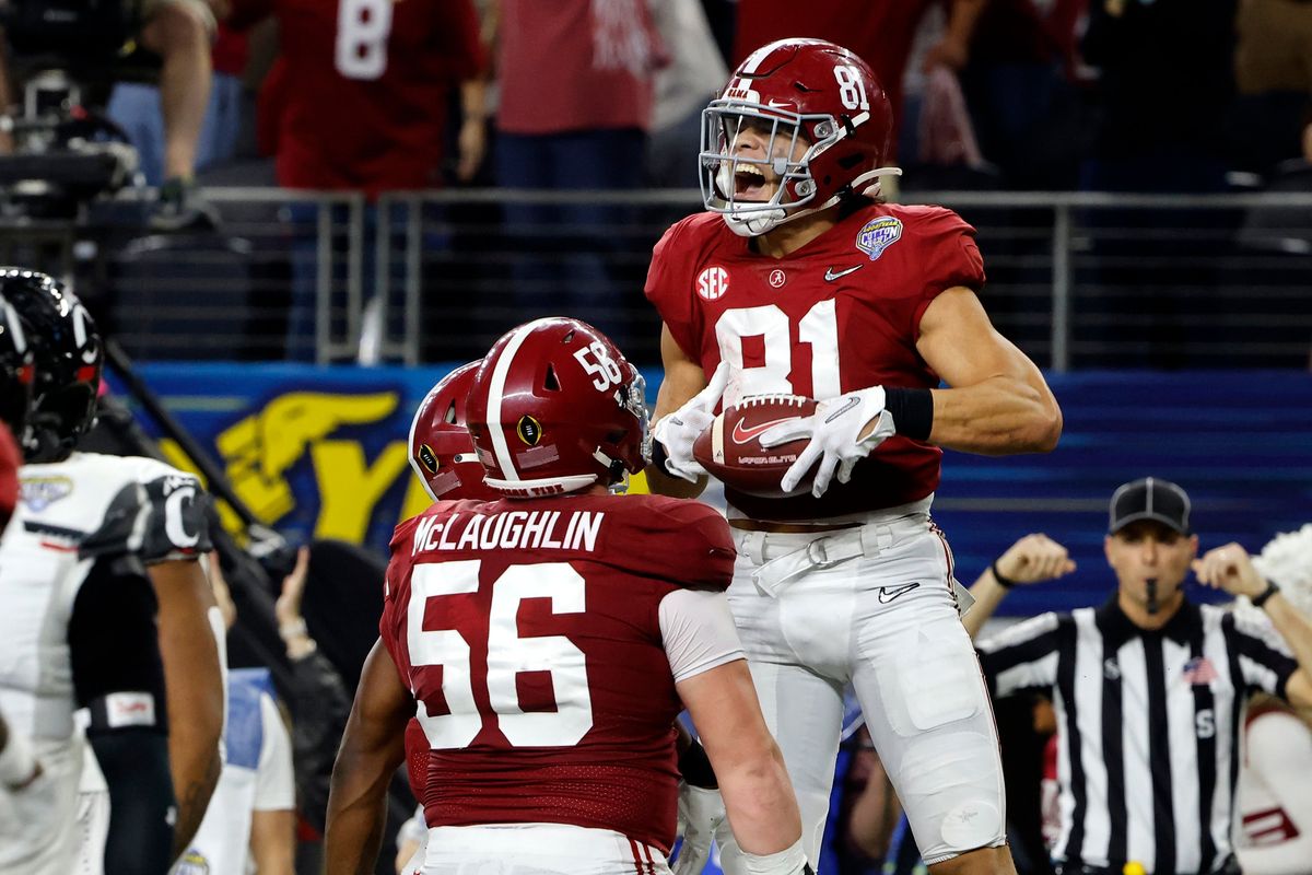 Alabama tight end Cameron Latu (81) celebrates after making a touchdown catch against Cincinnati during the second half of the Cotton Bowl NCAA College Football Playoff semifinal game, Friday, Dec. 31, 2021, in Arlington, Texas.  (Michael Ainsworth)