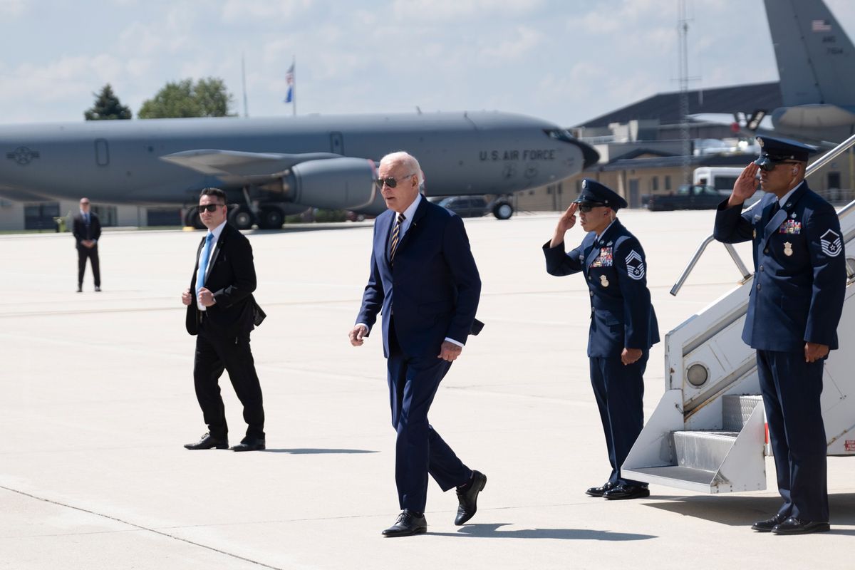 President Joe Biden arrives on Air Force One at General Mitchell Air National Guard Base in Milwaukee, Wis., on Tuesday.  (Pete Marovich/The New York Times)