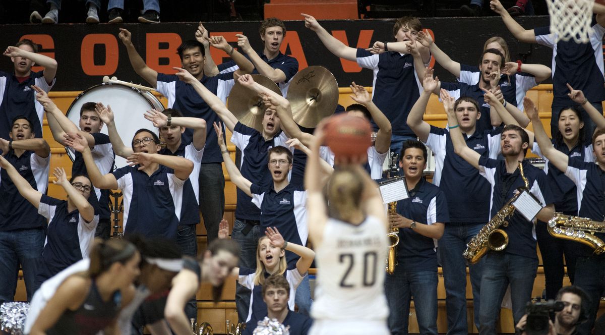 Gonzaga band members try to distract an opposing team’s free throw shooters, here working on George Washington’s Hannah Schaible. (Dan Pelle)