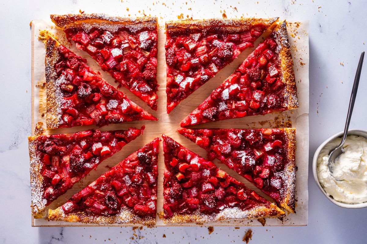 Raspberry-Rhubarb Sheet Pan Tart.  (Photos by Scott Suchman; food styling by Lisa Cherkasky/For The Washington Post)