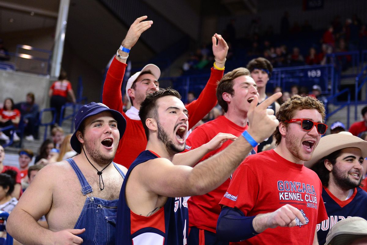 Gonzaga student fans taunt San Diego State players as they warm up before the game in the McCarthey Athletic Center, Mon., Nov. 14, 2016. (Colin Mulvany / The Spokesman-Review)