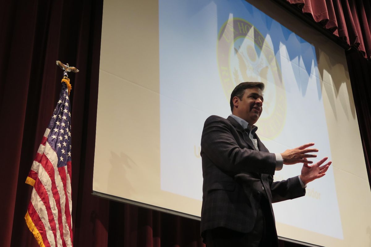 Idaho Rep. Raul Labrador fields questions – along with cheers and boos – at a raucous town hall meeting in Meridian, Idaho, on Wednesday, April 19, 2017. (Betsy Z. Russell / SR)