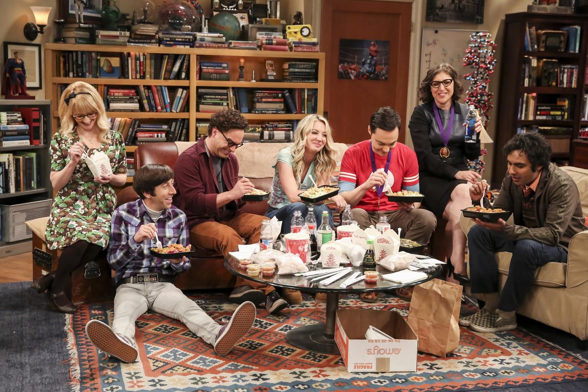 This photo provided by CBS shows Melissa Rauch, from left, Simon Helberg, Johnny Galecki, Kaley Cuoco, Jim Parsons, Mayim Bialik and Kunal Nayyar in a scene from the series finale of “The Big Bang Theory,” Thursday, May 16, 2019. (Michael Yarish / Associated Press)