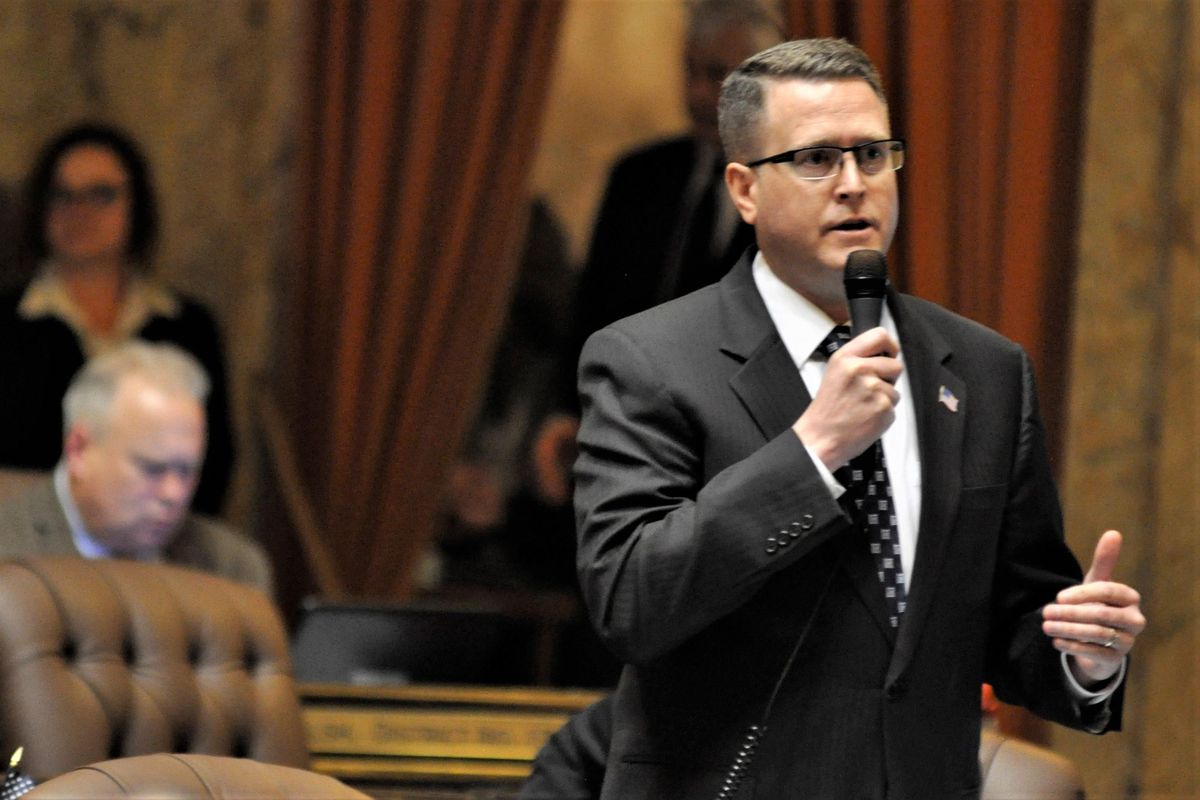 Rep. Matt Shea, R-Spokane Valley, urges the House to reject changes to a measles vaccination exemption bill during floor debate on Tuesday, April 23, 2019. The bill eventually passed, 56-40. (Jim Camden / The Spokesman-Review)