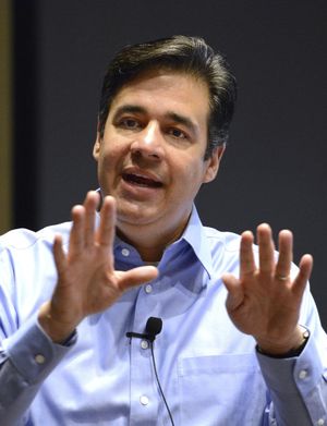 U.S. Rep.  Raul Labrador keeps a calm demeanor as he answers a question even with boos from the crowd at Lewis-Clark State College on Friday, May 5, 2017, in Lewiston. One comment, though, in which the congressman suggest that nobody  dies because of lack of access to health care, prompted an especially fierce backlash over the weekend. (Kyle Mills / Lewiston Tribune)