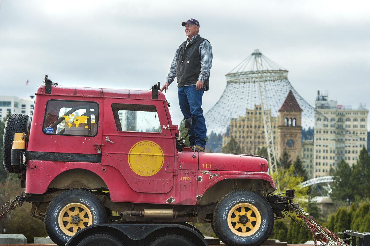 Laurence Upton, of Yakima, is restoring his Uncle Loren’s 1966 Kaiser-Jeep CJ-5 that traveled the globe and even made the Guinness Book of Records for crossing the infamous Darien Gap of Panama. Laurence trailered the rig to Spokane on April 21, 2017. (Dan Pelle / The Spokesman-Review)