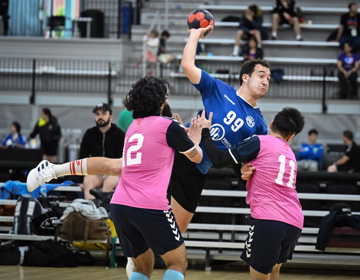 Arnau Pou Rossell (99) with Boston Handball tosses the ball at the goal during a game with Vancouver Handball at the USA Handball’s Team Open and U 20 Junior Championships being held through the weekend at The Podium in Spokane.  (COLIN MULVANY/THE SPOKESMAN-REVIEW)