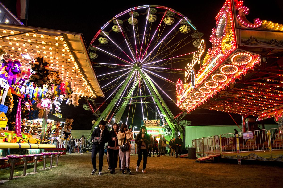 Butler Amusement’s 92-foot-high Giant Wheel dominates the midway at the Spokane County Interstate Fair, Thursday, Sept 14, 2017. The Ferris wheel is sporting new LED lights and mechanical upgrades. (Colin Mulvany / The Spokesman-Review)