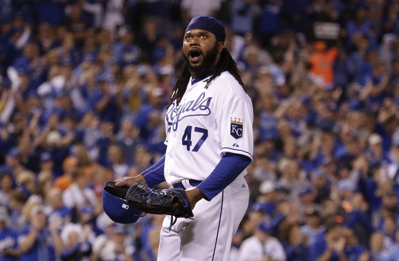 Kansas City Royals starting pitcher Johnny Cueto reacts after getting the third out in the seventh inning of Game 5 in the American League Division Series against the Houston Astros. (Associated Press)