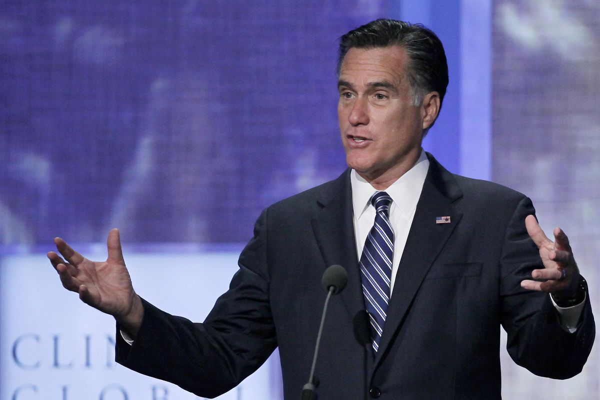 Republican presidential candidate, former Massachusetts Gov. Mitt Romney speaks at the Clinton Global Initiative, Tuesday, Sept. 25, 2012, in New York. (Mark Lennihan / Associated Press)