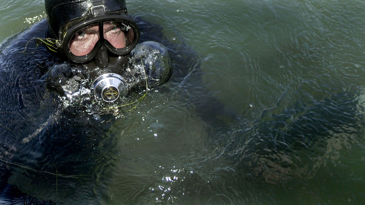 Diver Glenn Edwards emerges from the bottom of the St. Joe River on Friday after vacuuming milfoil. The Coeur d’Alene Tribe is fighting the invasive weed with help from an Idaho Department of Agriculture grant. (Kathy Plonka / The Spokesman-Review)