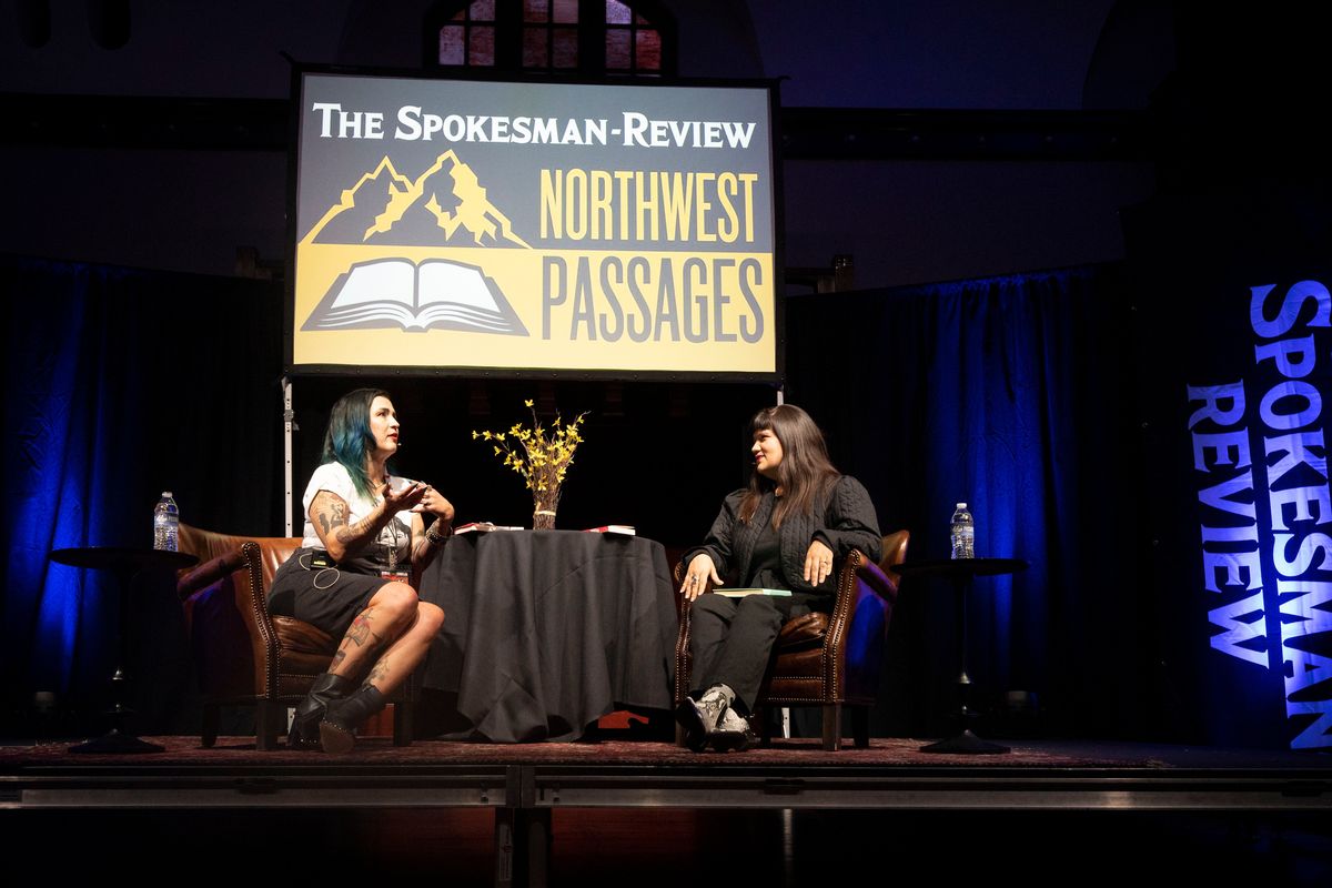 Sasha LaPointe, author of ÒRed Paint,Ó on left, has a conversation with Spokane artist and actor of ÒBaby Speaks SalishÓ Emma Noyes, during a Northwest Passages event held Tuesday, March 29, 2022, at the Montvale Event Center.  (COLIN MULVANY/THE SPOKESMAN-REVI)