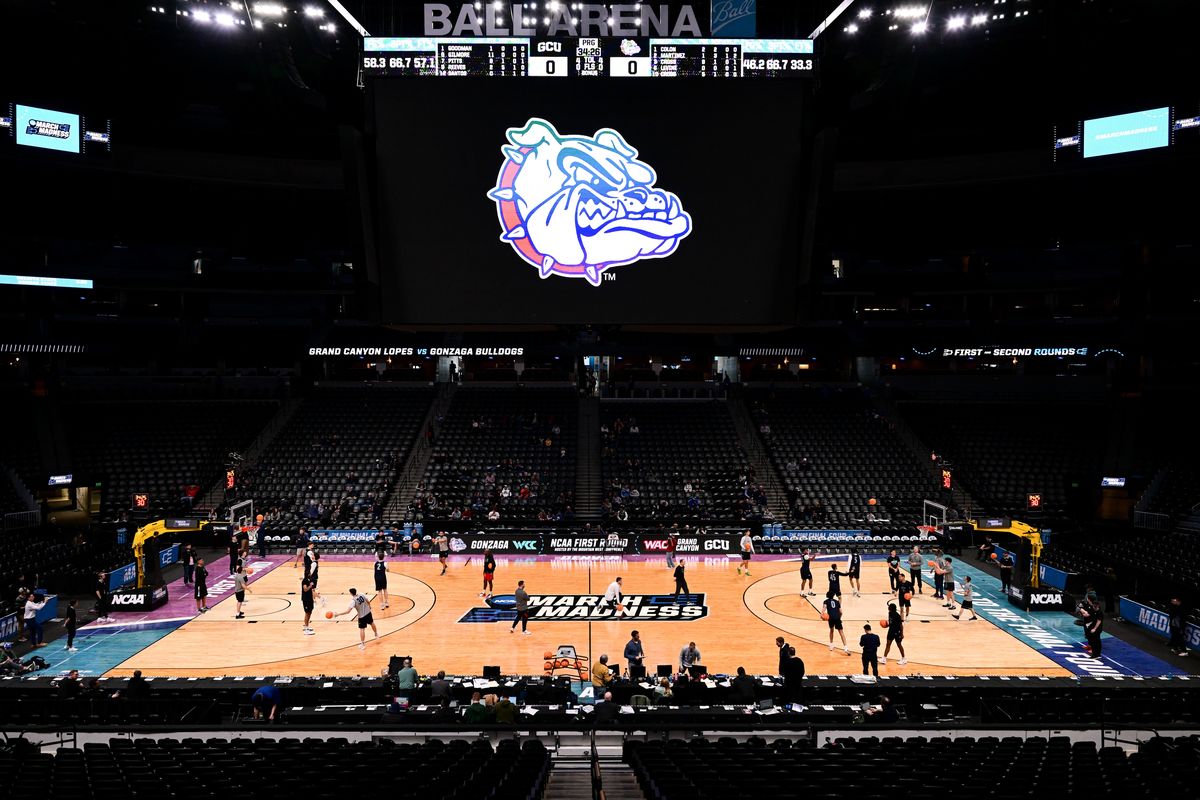 The Gonzaga Bulldogs take to the floor during a college basketball practice on Thursday, March 16, 2023, before the Gonzaga Bulldogs’ NCAA basketball tournament matchup against the Grand Canyon Antelopes at Ball Arena in Denver, Colo.  (Tyler Tjomsland/The Spokesman-Review)