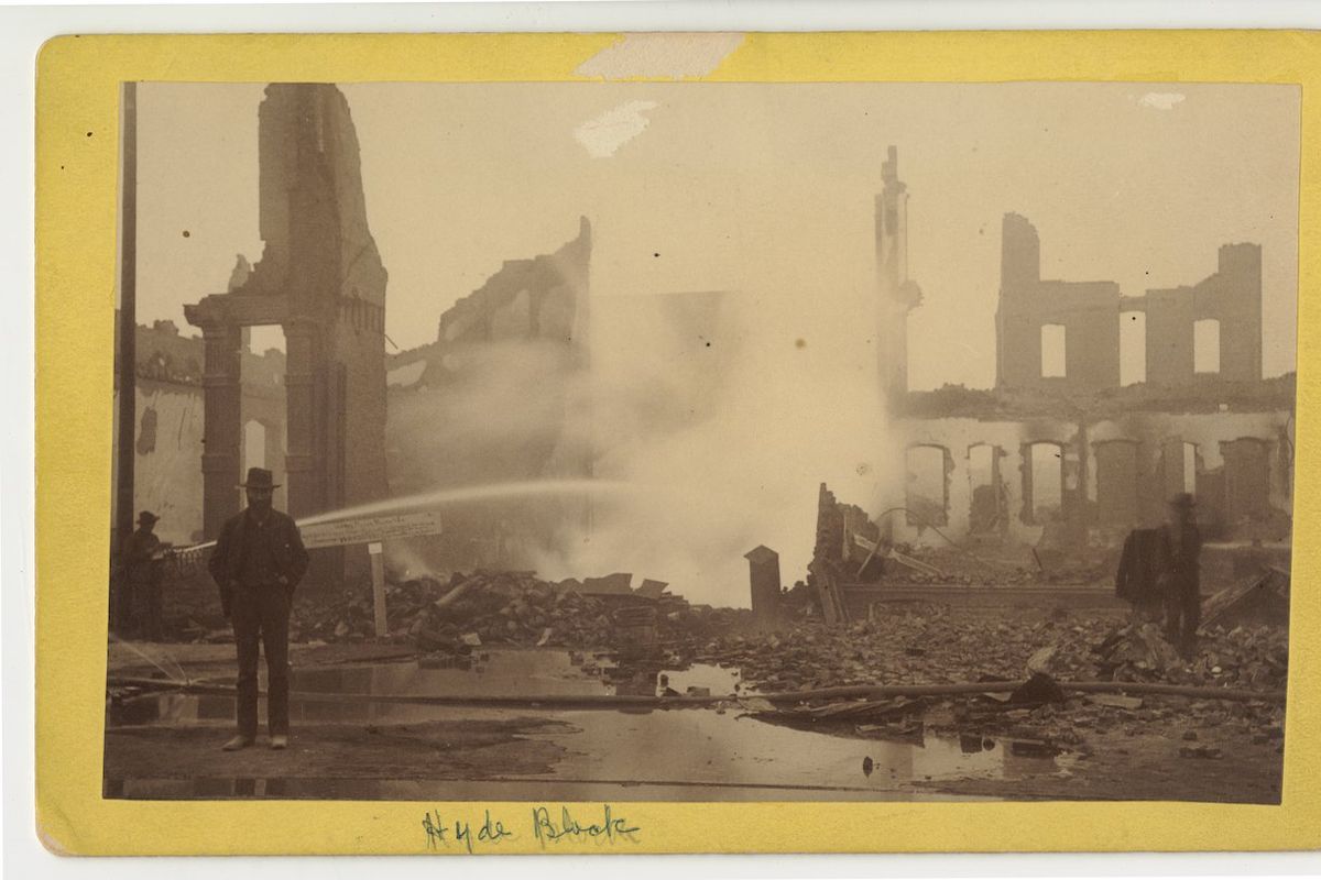 Ruins of the Hyde Block are shown the morning after the Great Fire on Aug. 5, 1889. This photograph was printed by the Minneapolis Art Studio in Seattle. The photographer is unknown. The images is a gift of Durant I. Morrison, in 1950, to the Joel E. Ferris Archives and Research Library, part of the Northwest Museum of Arts and Culture. (Northwest Museum of Arts and Culture)