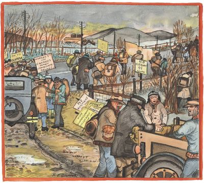 In this painting by Depression-era artist Ronald Debs Ginther, jobless people staging a “hunger march” on Olympia in March 1933 accept supplies from sympathetic farmers near Tacoma.