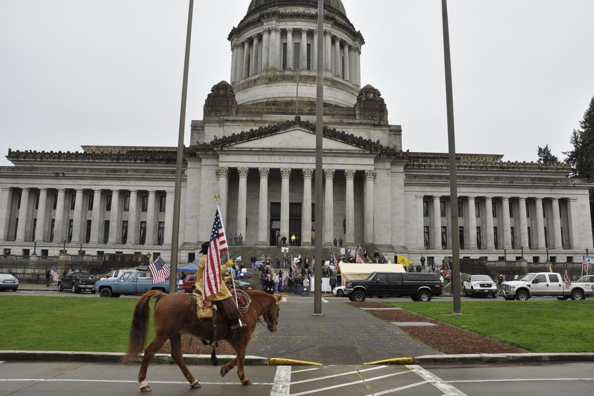Kathy Talbot, of Yelm, Wash., and her horse Big Bill display a flag during a demonstration in Olympia Saturday to honor a protester killed in Oregon in a dispute over federal land policies. (Jim Camden / The Spokesman-Review)