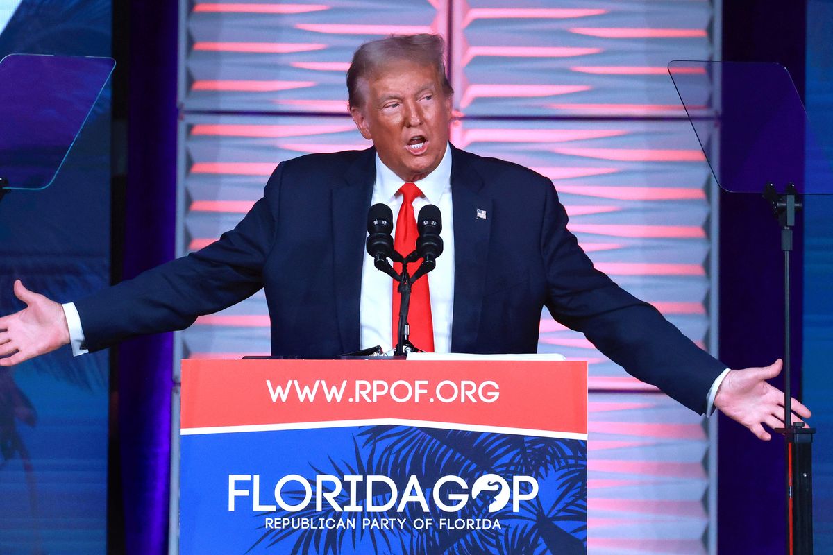 Former President Donald Trump delivers remarks at the Republican Party of Florida Freedom Summit at the Gaylord Palms Resort and Convention Center on Saturday, Nov. 4, 2023, in Kissimmee, Florida. (Joe Burbank/Orlando Sentinel/TNS)  (Joe Burbank/Orlando Sentinel/TNS)
