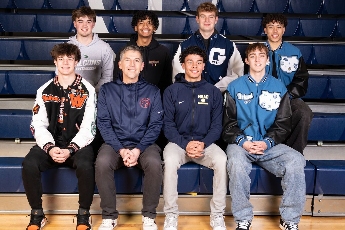 2025-26 Greater Spokane League 4A/3A/2A boys basketball first team: Front: 2A MVP Nathan Zettle (West Valley), 4A/3A coach David Wagenblast (Mt. Spokane), 4A/3A MVP Karson Maze (Mead), Orland Axton (Central Valley). Back: Caden Andreas (Ridgeline), Brady Bell (University), Dylynn Groves (Gonzaga Prep), Cameron Walls (Central Valley). Not pictured: Ryan Carney (Gonzaga Prep); 2A coach Craig Brantner, 2A MVP Vaughn Holstad, Gavyn Dealy, Cade Rogers (Pullman); Kendry Gimlin (Clarkston); Noah Willard (West Valley); Isaac Williams (North Central).  (COLIN MULVANY/THE SPOKESMAN-REVIEW)