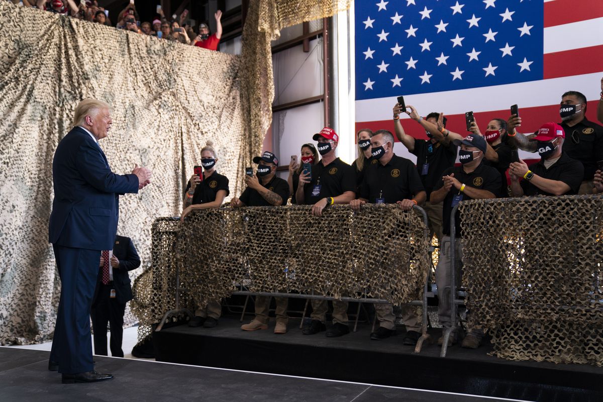 President Donald Trump arrives to speak to a crowd of supporters at Yuma International Airport, Tuesday, Aug. 18, 2020, in Yuma, Ariz.  (Evan Vucci)