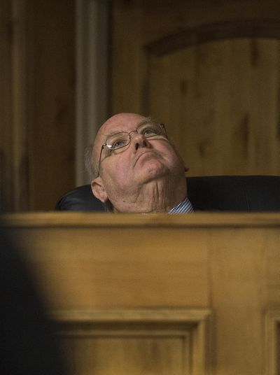 District Judge Randy Stoker listens to John R.K. Howard’s defense attorney Brad Calbo during Howard’s sentencing hearing Feb. 24 at the courthouse in Twin Falls, Idaho. An online petition drive has drawn more than 165,000 signatures urging the removal of Stoker from the bench. (DREW NASH, TIMES-NEWS / Drew Nash/The Times-News)