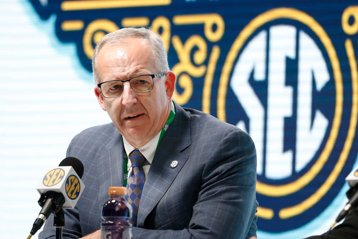 Southeastern Conference Commissioner Greg Sankey speaks at a press conference on March 11, 2020, in Nashville, Tenn.   (Associated Press)