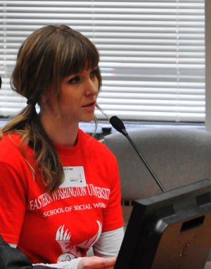 OLYMPIA Jaydra Cope, an EWU social work student, testifies about the need for health insurance at the Senate Health and Long Term Care Committee hearing on Feb. 20, 2012. (Jim Camden)