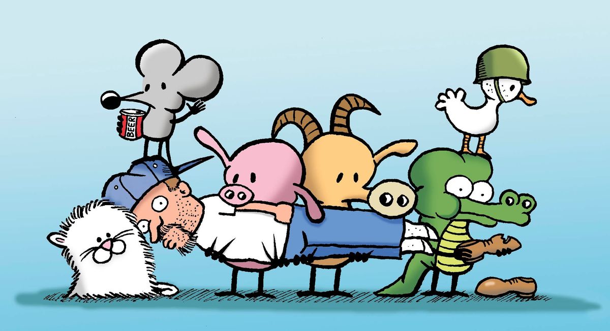 An illustrated Stephan Pastis along with his “Pearls Before Swine” characters. 