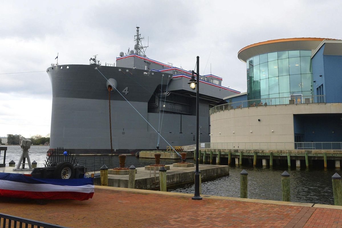 The USS Hershel “Woody” Williams (ESB 4) in port at Norfolk, Va. for the commissioning ceremony Saturday, March 7, 2020. (Kenny Kemp / Kenny Kemp/Charleston Gazette-Mail via Associated Press)