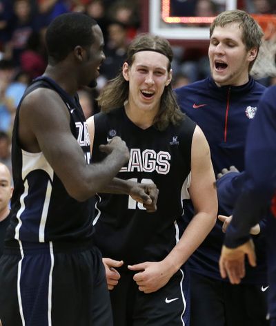 Gonzaga big men Sam Dower, left, Kelly Olynyk, center, and Przemek Karnowski share minutes with senior Elias Harris. (Associated Press)