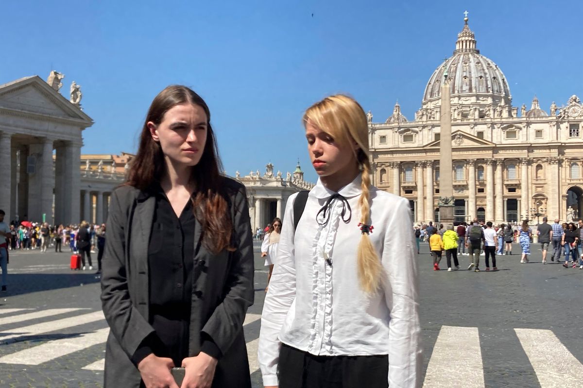 Kateryna Prokopenko, right, wife of Azov Regiment Commander Denys Prokopenko, and Yuliia Fedosiuk, both from Ukraine, talk with The Associated Press at the end of the weekly general audience where they met with Pope Francis in St. Peter