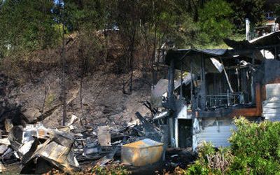 
An morning fire destroyed this cabin in Newman Lake on Monday. A resident said a house that stood on the same lot burned in 1974. 
 (Liz Kishimoto / The Spokesman-Review)
