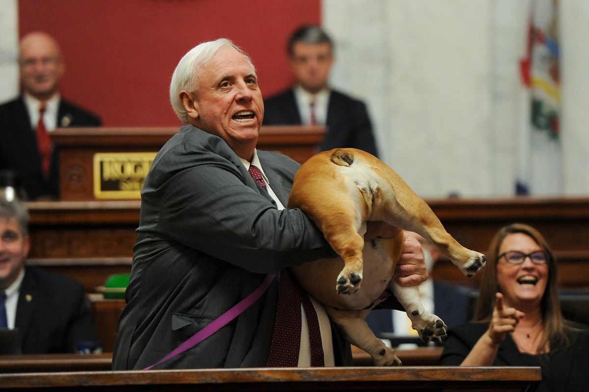 West Virginia Gov. Jim Justice holds up his bulldog Babydog’s rear end as a message to people who’ve doubted the state as he comes to the end of his State of the State speech Thursday in Charleston, W.Va.  (Chris Dorst)