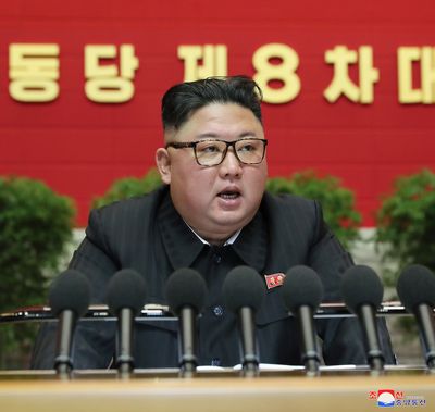 On January 9, 2021, in Pyongyang, North Korea, Kim Jong Un, leader of the Democratic People's Republic of Korea, speaks during the eighth Congress of the Workers' Party of Korea. (KCNA/Zuma Press/TNS)