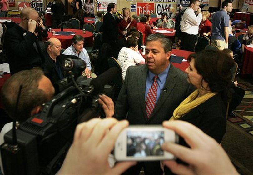 Idaho Superintendent of Public Instruction Tom Luna talks with reporters at the Idaho Republican Party's election night watch party Tuesday night. (AP / Matt Cilley)