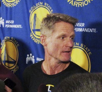 Golden State Warriors coach Steve Kerr speaks to reporters at the team hotel in Portland, Ore., Sunday, April 23, 2017. (Anne Peterson / Associated Press)