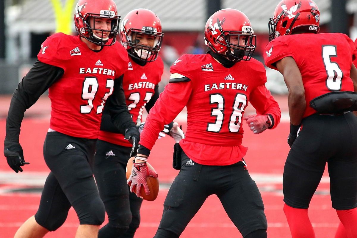 Eastern Washington defensive back Tysen Prunty (38) celebrates with teammates after a fumble recovery during his redshirt freshman season in 2016. (EWU Athletics / Courtesy)