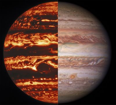 This combination of images shows the planet Jupiter seen by the Juno probe’s microwave radiometer, left, and in visible light, captured by the Gemini Observatory.  (HOGP)